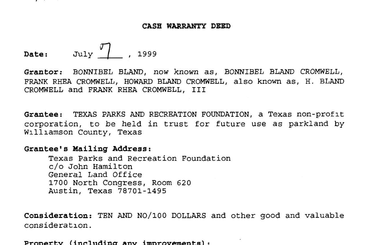 Crop of the July 7, 1999 cash warranty deed showing the grantee line stating the property was to be held in trust for future use as parkland by Williamson County, Texas.