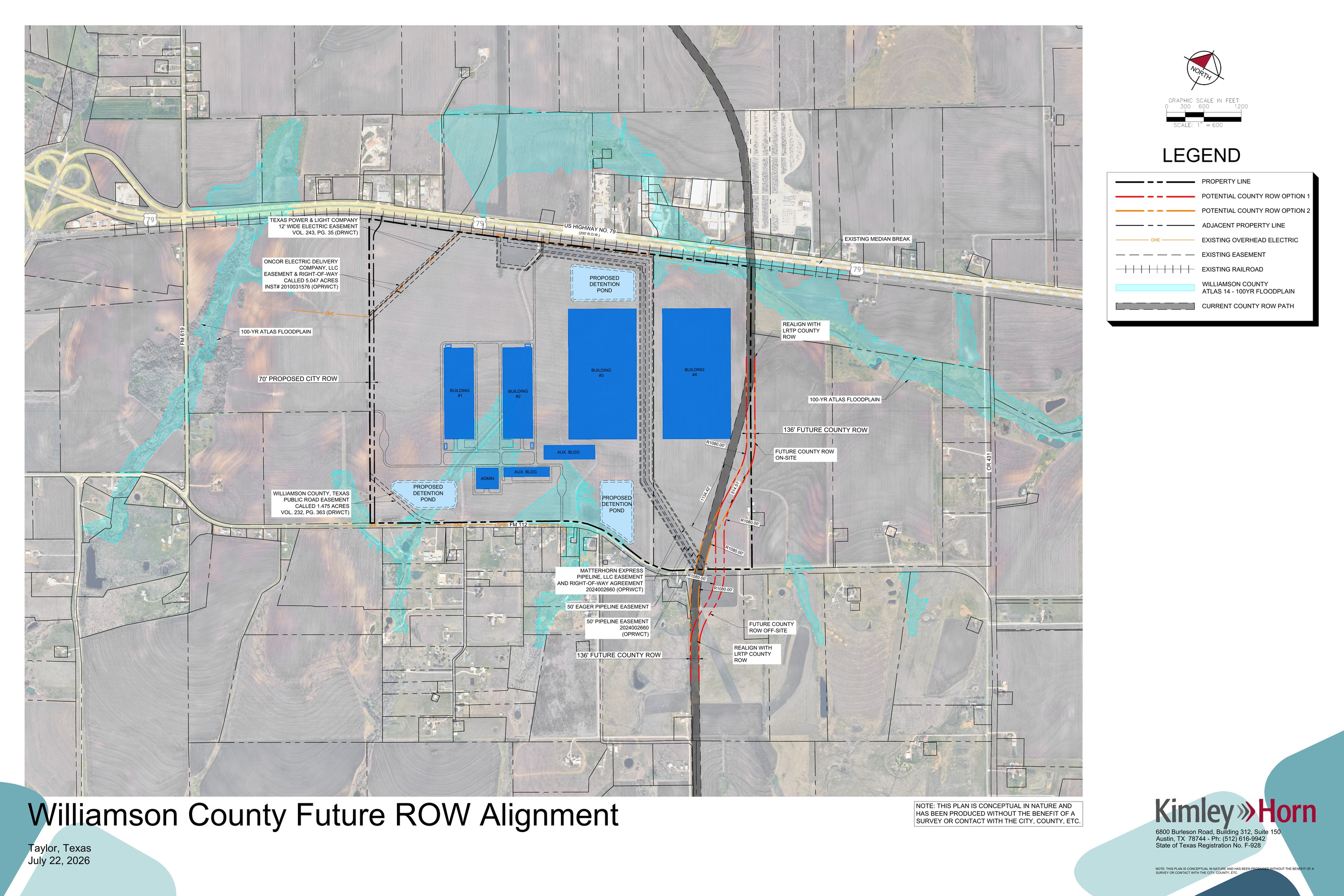 Actual July 22, 2026 Kimley-Horn Project Mustang Williamson County Road Exhibit showing the conceptual site layout and proposed roadway alternatives